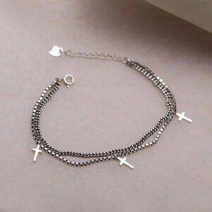 925 Sterling Silver Dainty Minimalist Cross Bracelet Layered Box Chain Bracelet